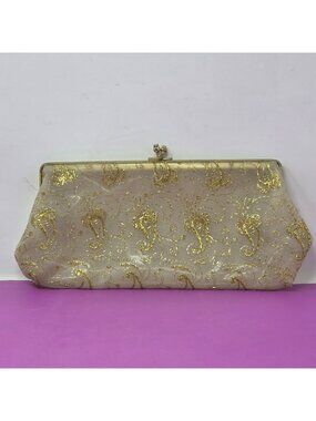 Vintage Gold Beaded Evening Clutch With Paisley Embroidery & Metal Frame